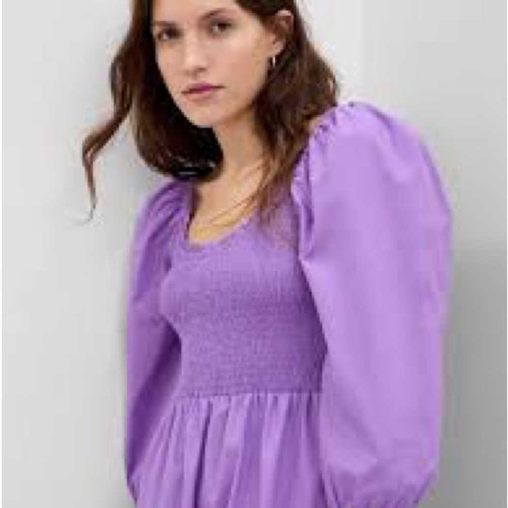 Purple Puff Sleeve Smocked Midi Dress